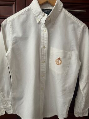 Lauren Ralph Lauren White Button-Down Shirt women sizewith Gold Crest Embroidery